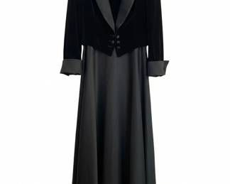 Vintage Tadashi Shoji Black Velvet and Satin Tuxedo Dress