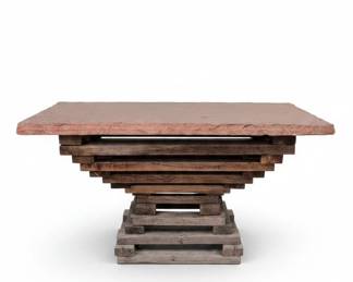 Rustic StoneTop Accent Table with Stacked Reclaimed Wood Base