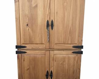 Rustic Pine TwoPiece Armoire with Raised Panel Doors and Black Iron Hardware