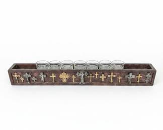 Rustic Wooden Votive Candle Holder with Assorted Cross Embellishments