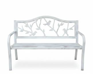 White Metal Garden Bench with Bird and Branch Motif second image