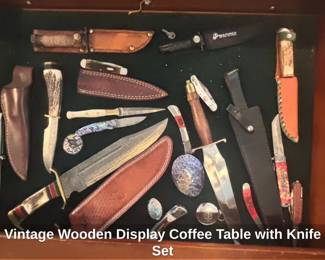 Vintage Wooden Display Coffee Table with Knife Set second image