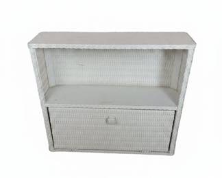Vintage White Wicker Wall Shelf with Cabinet