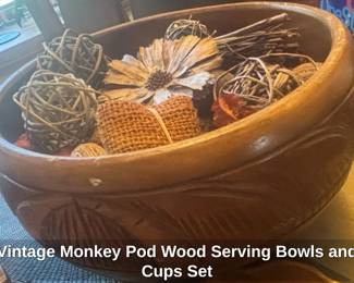 Vintage Monkey Pod Wood Serving Bowls and Cups Set fourth image