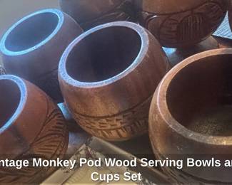 Vintage Monkey Pod Wood Serving Bowls and Cups Set third image