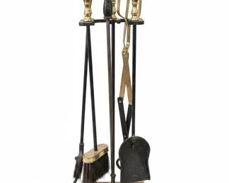 Vintage Brass and Black Iron Fireplace Tool Set with Bellows