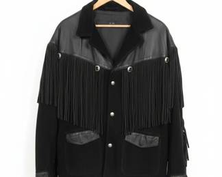 Vintage Black Suede and Leather Fringe Jacket with Concho Buttons