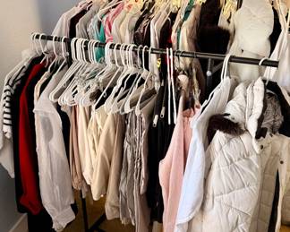 Women's clothing in excellent condition including tops, sweaters, jackets, coats, casual wear, dressier pieces, and seasonal apparel. Many classic styles with brands throughout the collection.