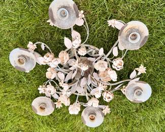 Charming six-light floral metal chandelier with romantic cottage-inspired detailing, perfect for a dining room, bedroom, or sunroom.