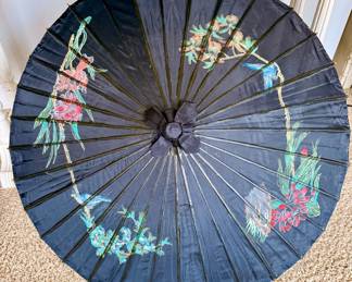 Beautiful black silk/paper parasol featuring colorful hand-painted birds and floral designs.