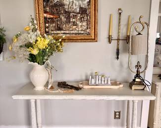 Classic console table with turned legs and a distressed finish—ideal for an entryway, hallway, or behind a sofa.