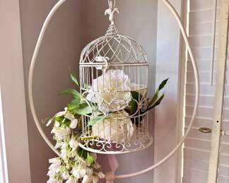Elegant birdcage display stand with hanging floral arrangement, ideal for weddings, porches, sunrooms, or cottage-style décor.