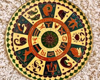 Vintage decorative Zodiac wall plaque featuring colorful astrological symbols and Greek-inspired lettering. A unique conversation piece for astrology enthusiasts or eclectic home décor.