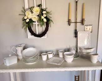 Elegant white serving ware including some French Limoges pieces; beautiful pieces such as platters, gravy boat, pitchers, serving bowls, plates, and coordinating porcelain and ironstone tableware.
