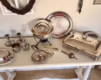 Lovely assortment of vintage silverplate serving pieces, trays, candlesticks, and entertaining accessories for collectors or holiday hosting.