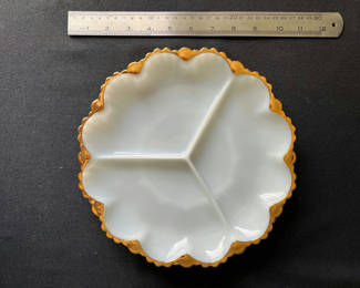 Lot 87: Vintage Precious Moments lidded keepsake dish, Milk Glass divided plate with gold rim, and ceramic ashtray