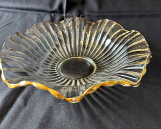Lot 2: Ribbed Clear Crystal Bowl with Gold Rim, Glass platter, and Metal Steamer Insert