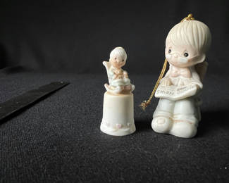 Lot 100: Enesco Precious Moments Purrfect Grandma thimble and Grandpa Ornament; Handmade Vicki Lane bunny figurine