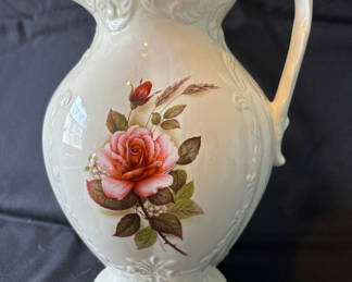 Lot 8: Decorative frosted glass angel dish, Antique rose-pattern ceramic pitcher, and Kitchen Prayer heart plate