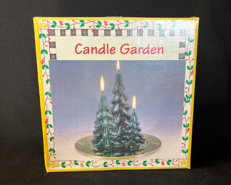 Lot 162: Vintage Candle Garden centerpiece with glitter evergreen trees and silver-plated candlesticks