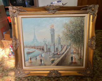 Lot 159: Vintage Parisian waterfront painting in ornate frame