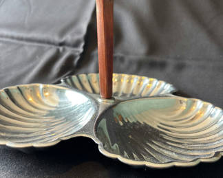 Lot 14: Vintage three-section shell-shaped serving dish with wooden handle, antique creamer pitcher, and embossed glass plate