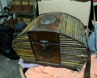 Lot 165: Vintage bamboo-slatted cabinet and antique leather trunk with craft supplies