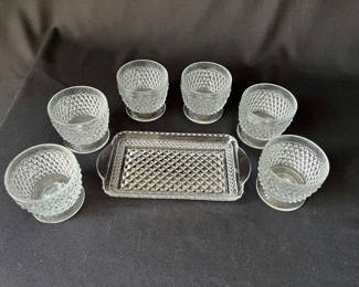 Lot 58: Vintage Diamond-pattern pressed glass cocktail set and glass butter dish