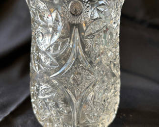Lot 22: Etched Crystal Glassware: Pitcher, Vase, and Pedestal Bowl