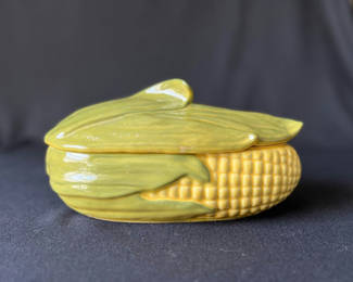 Lot 52: Shawnee Pottery "Corn King" Large Casserole & Corn Glass Vase/Planter and Candle Holders
