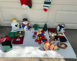 Lot 68: Vintage Christmas Decor Collection: stockings, ornaments, figurines, towels and tree