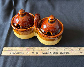 Lot 78: Vintage double condiment crock set (broken handle), Ellis Prod Pottery hand-painted ceramic pitcher and jar