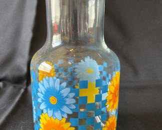Lot 10: Vintage carafe, hand-painted glass storage jars, and ceramic condiment jars with floral and fruit designs