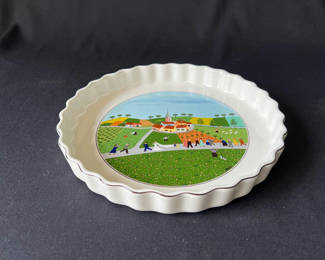 Lot 70: Decorative ceramic pie plate with pastoral scene and round silver-plated tray