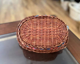 Lot 32: Vintage Woven wicker utensil/napkin holder and vintage wicker basket