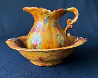 Lot 83: Mid-century, California Pottery mini pitcher with bowl and decorative angel relief plaque