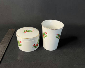 Lot 182: Vintage Beacon Hill Holly motif porcelain jar and tumbler