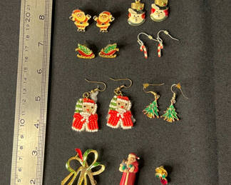 Lot 108: Christmas-themed beaded earrings and pins collection
