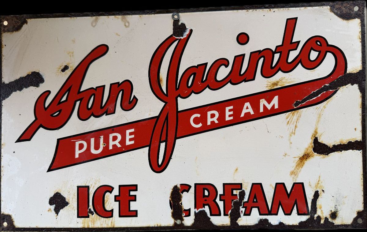original San Jacinto dairy (Baytown 1930-1960) porcelain sign, 12"x20"