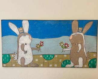Rabbits painted on board picture, 24” x 12”,  $35