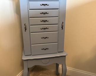 Blue jewelry cabinet, 16.5”W x 12”D x 39”H,  $85