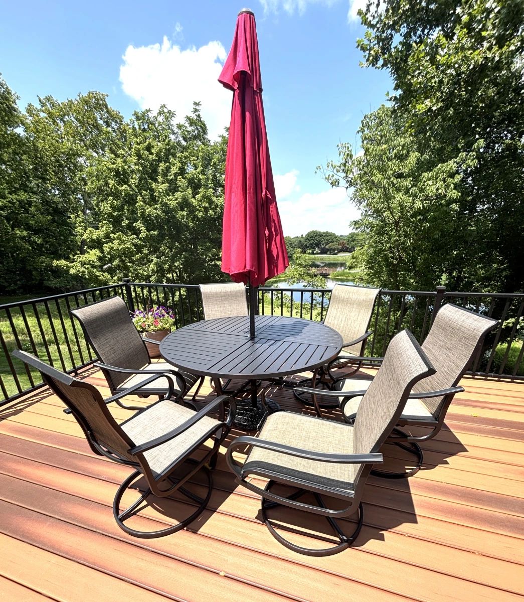 BUY IT NOW! $475.00. Patio table & six swivel/rocker chairs. 54" dia. table w/umbrella & base. Call Jan at 314 960-5700