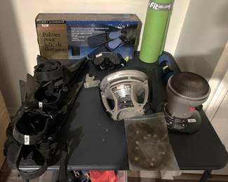Propane heaters, snorkel fins/flippers, yoga mat.
