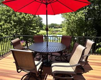 BUY IT NOW! $475.00. Patio table & six swivel/rocker chairs. 54" dia. table w/umbrella & base. Call Jan at 314 960-5700