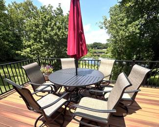 BUY IT NOW! $475.00. Patio table & six swivel/rocker chairs. 54" dia. table w/umbrella & base. Call Jan at 314 960-5700
