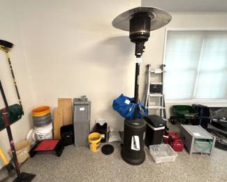 Propane patio heater, hose box, multi ladder.