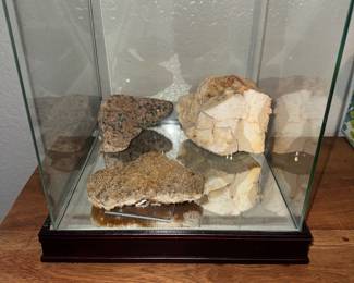 Glass Display Case (museum-style display cube) with a mirrored bottom and stained wood base, currently being used to display rock and mineral specimens