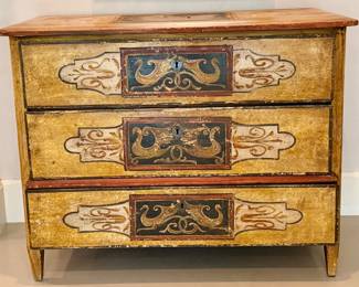 Antique 19th Century Continental Original Painted Three-Drawer Commode / Dresser Beautiful antique 19th-century Continental three-drawer commode showcasing its original hand-painted decoration in rich ochre, cream, black, and deep red tones. Intricately painted scrolling motifs adorn each drawer front, while charming bird panels decorate the top and sides, giving the piece exceptional visual interest from every angle.
