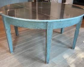 Vintage Scandinavian 60" Round Thick Heavy-Gauge Zinc-Top Dining Table with Original Dusty Gray-Blue Paint
