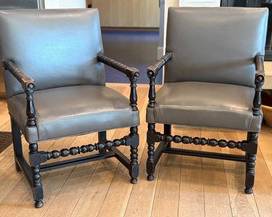 Vintage Bobbin Armchairs Pair Ebonized Wood Gray Leather